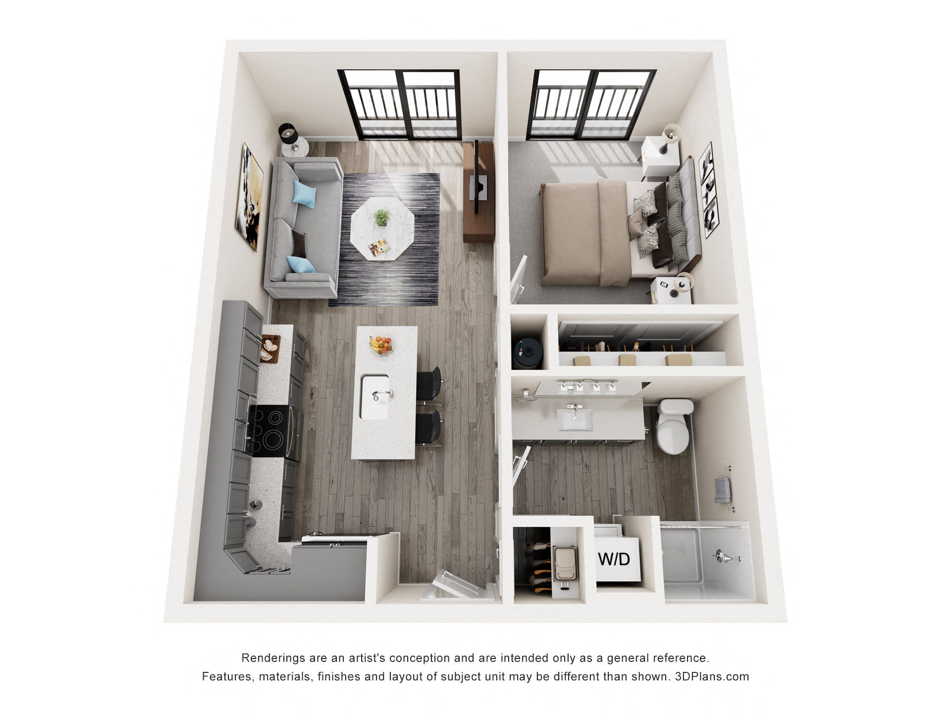 Floor plan for 1 bed, 1 bath, 585 sqft